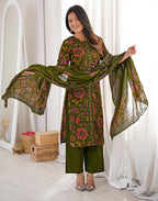 Moss Green Round Neck Printed Straight 3 Piece Kurta Set with Dupatta