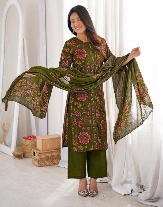 Moss Green Round Neck Printed Straight 3 Piece Kurta Set With Dupatta