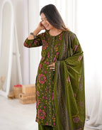 Moss Green Round Neck Printed Straight 3 Piece Kurta Set with Dupatta