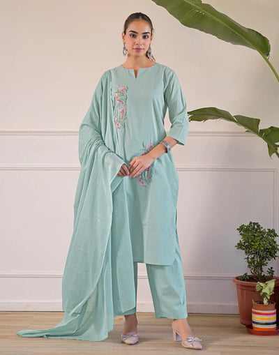 Powder Blue Pure Cotton Notched Round Neck Embroidery Straight 3 Piece Kurta Set With Dupatta