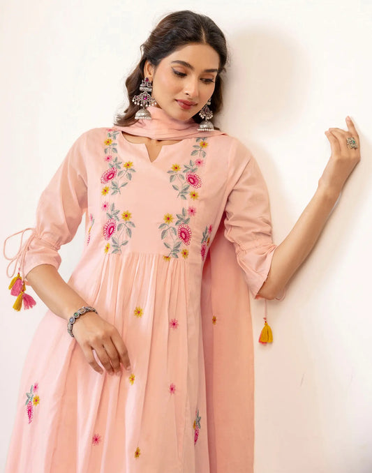 Chanderi Embroidered A-Line 3 Piece Kurta Set