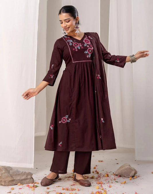 Pure Cotton Embroidered A-line 3 Piece Kurta Set