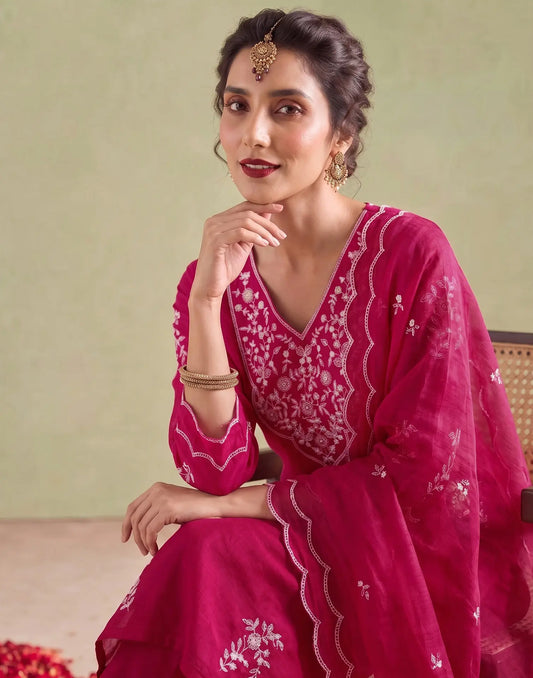 Mul Chanderi Embroidered Straight 3 Piece Kurta Set