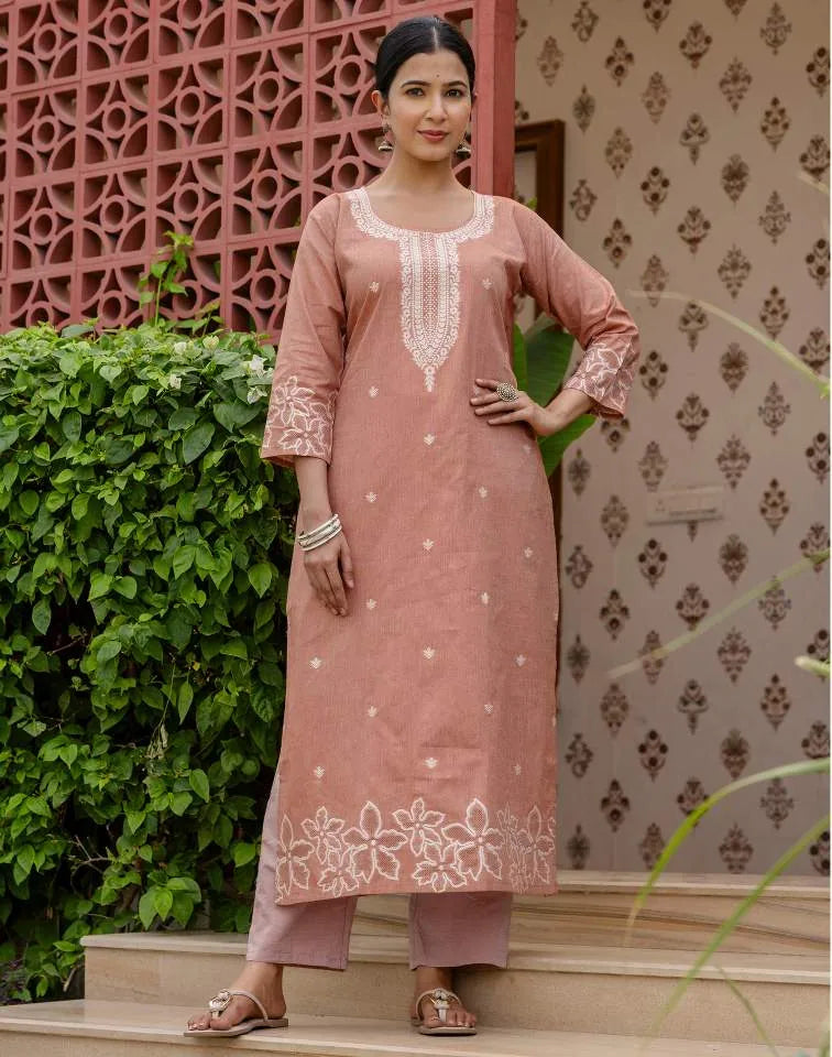 Affordable Dark Peach Silk Kurta Set with dupatta 
