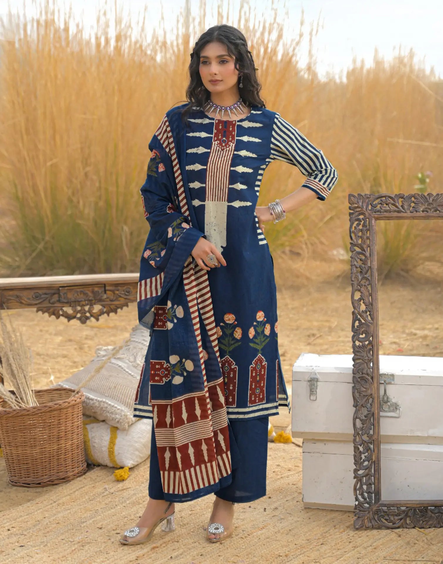 Victorian Blue Round Neck Digital Printed Straight 3 Piece Kurta Set with Dupatta