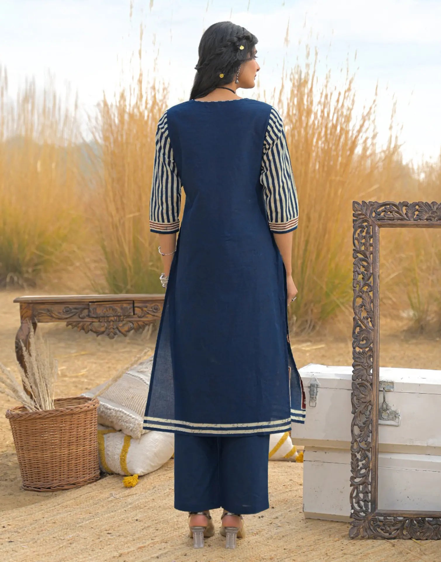 Victorian Blue Round Neck Digital Printed Straight 3 Piece Kurta Set with Dupatta