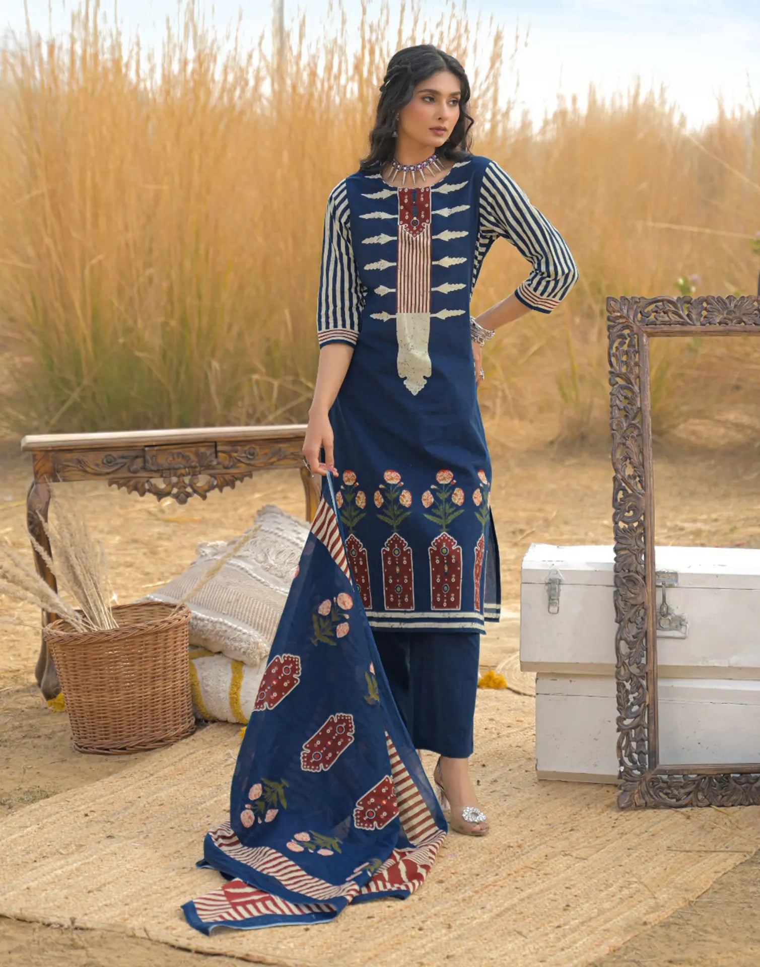 Victorian Blue Round Neck Digital Printed Straight 3 Piece Kurta Set with Dupatta