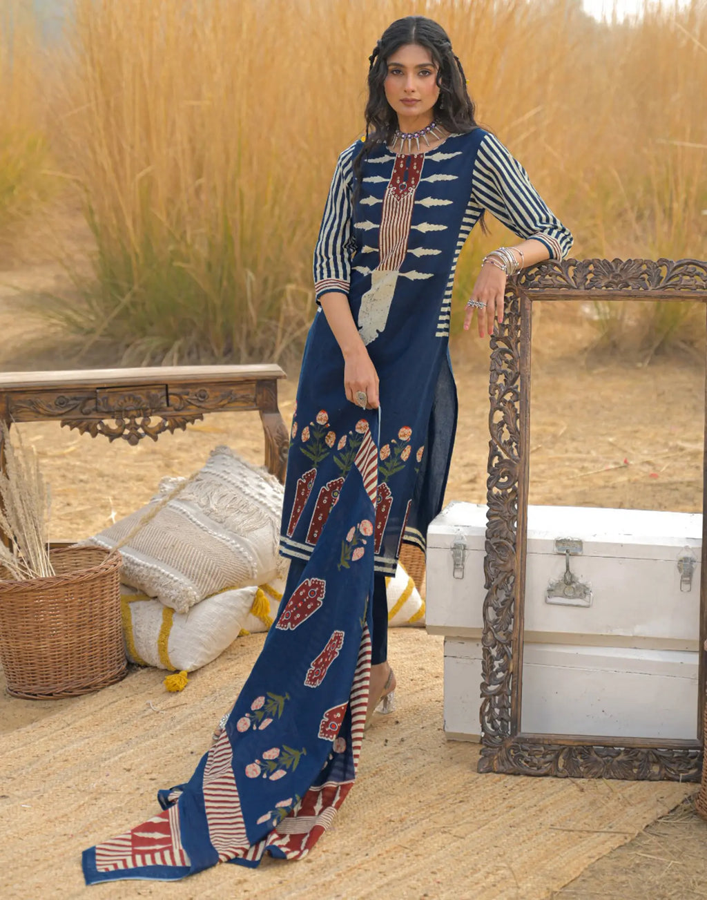 Victorian Blue Round Neck Digital Printed Straight 3 Piece Kurta Set with Dupatta
