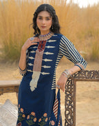 Victorian Blue Round Neck Digital Printed Straight 3 Piece Kurta Set with Dupatta