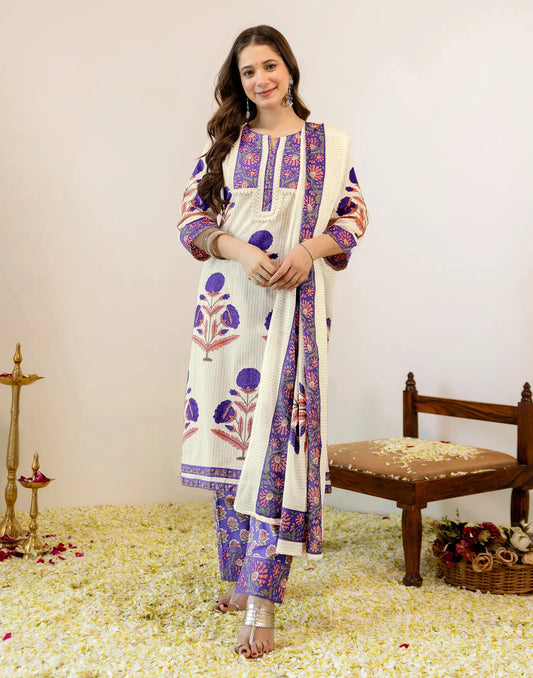 Soft Almond Beige Notched Round Neck Digital Printed A-Line 3 Piece Kurta Set With Dupatta
