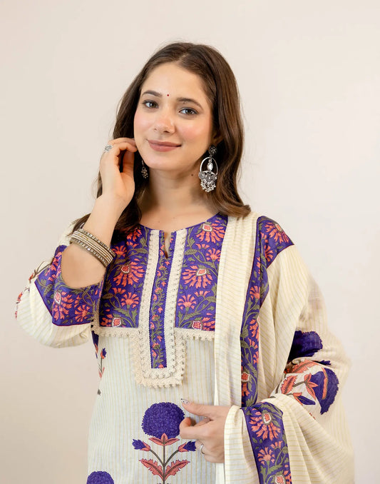 Soft Almond Beige Notched Round Neck Digital Printed A-Line 3 Piece Kurta Set With Dupatta