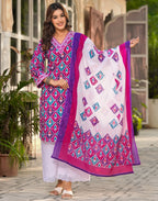 Multy V-Neck Embroidered Schifli Digital Printed Straight 3 Piece Kurta Set with Dupatta