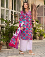 Multy V-Neck Embroidered Schifli Digital Printed Straight 3 Piece Kurta Set with Dupatta