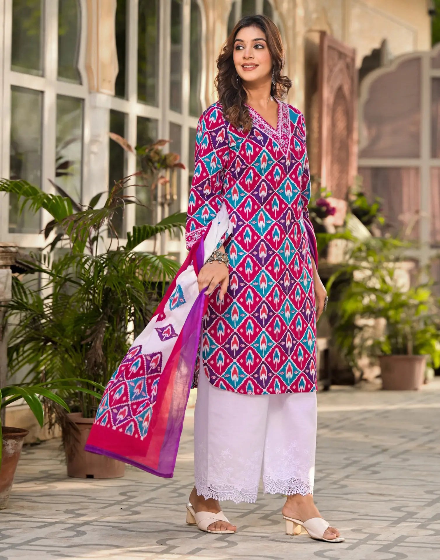 Multy V-Neck Embroidered Schifli Digital Printed Straight 3 Piece Kurta Set with Dupatta