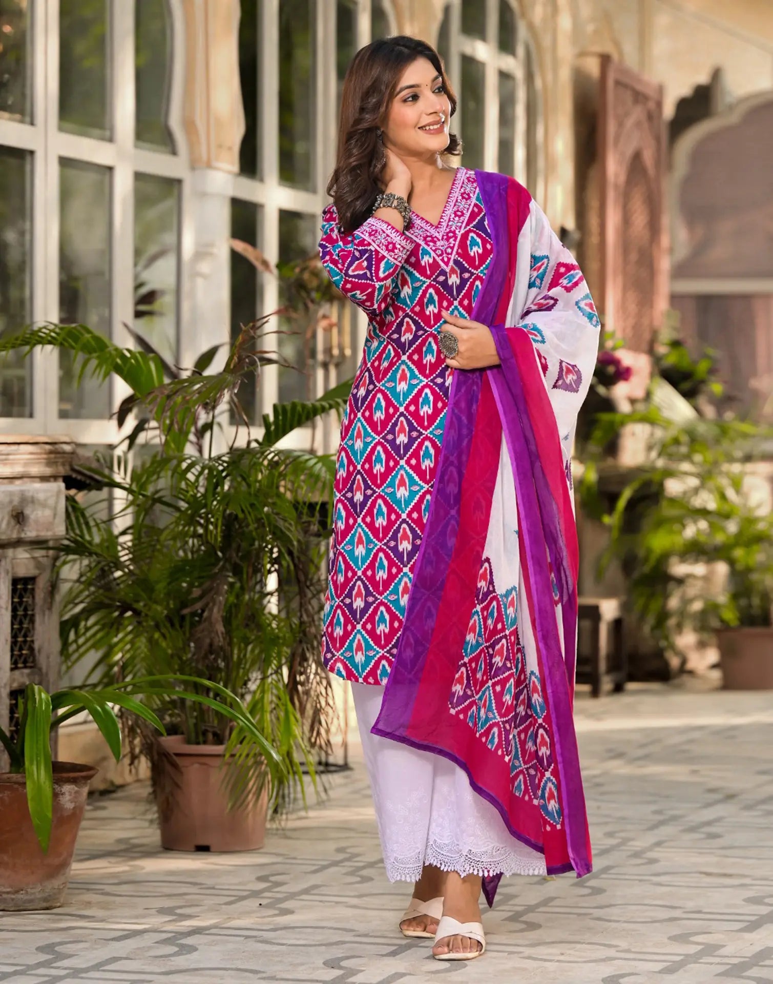 Multy V-Neck Embroidered Schifli Digital Printed Straight 3 Piece Kurta Set with Dupatta