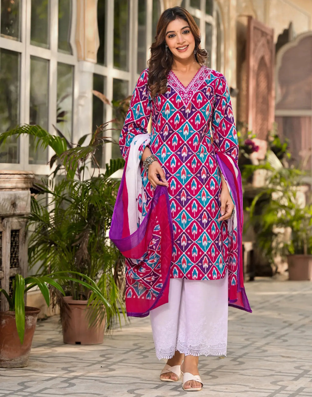 Multy V-Neck Embroidered Schifli Digital Printed Straight 3 Piece Kurta Set with Dupatta