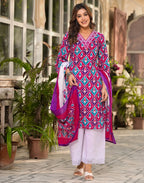 Multy V-Neck Embroidered Schifli Digital Printed Straight 3 Piece Kurta Set with Dupatta
