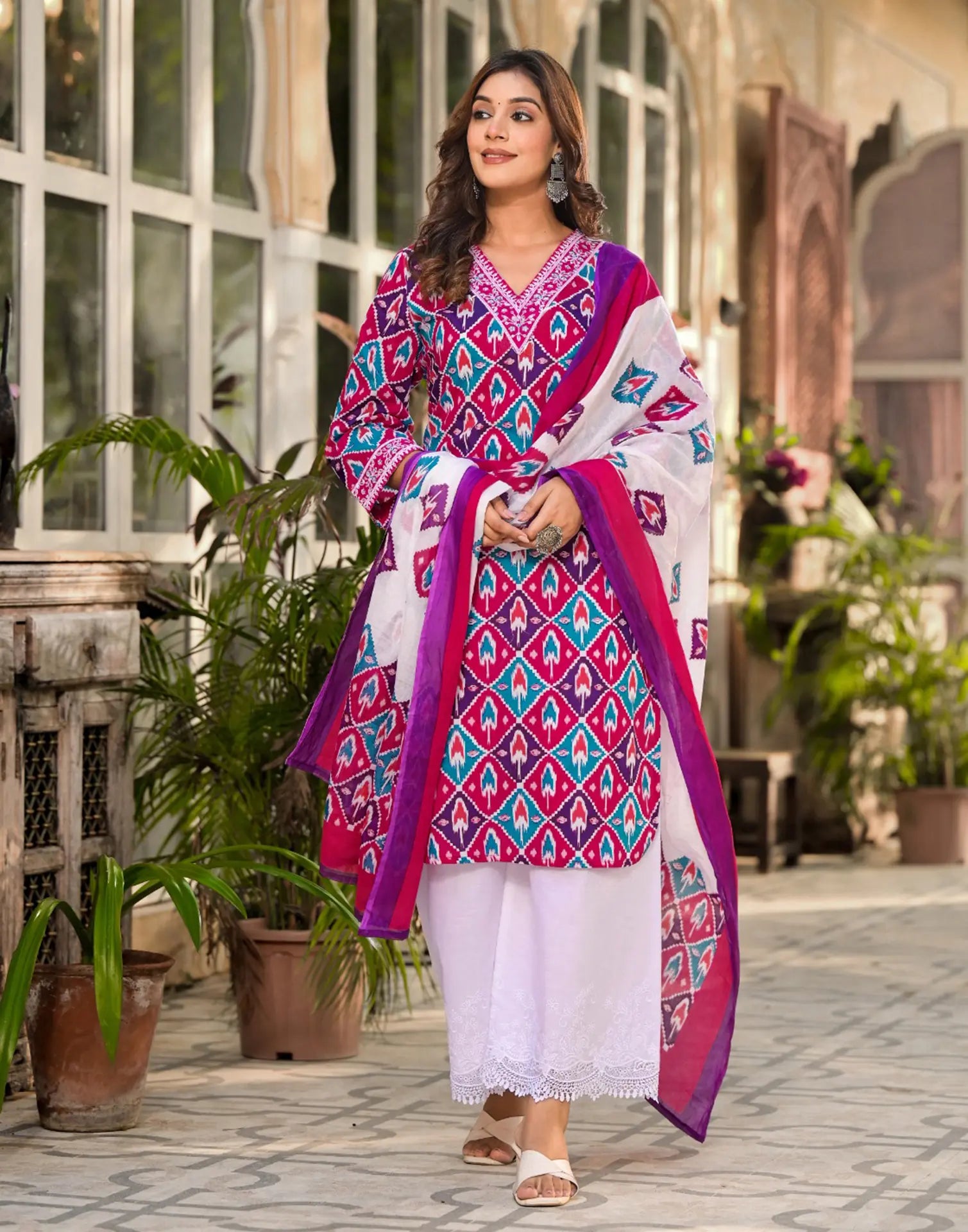 Multy V-Neck Embroidered Schifli Digital Printed Straight 3 Piece Kurta Set with Dupatta