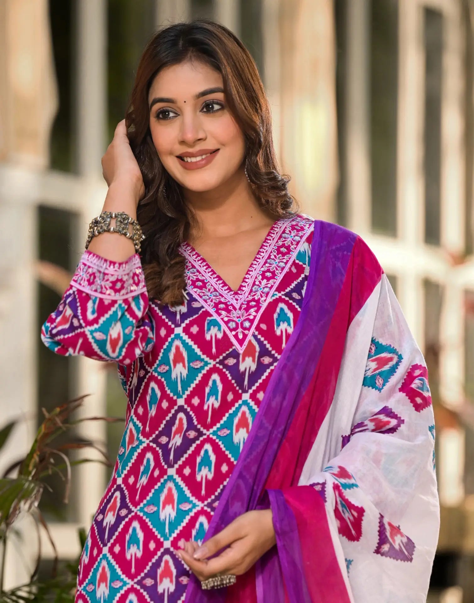 Multy V-Neck Embroidered Schifli Digital Printed Straight 3 Piece Kurta Set with Dupatta