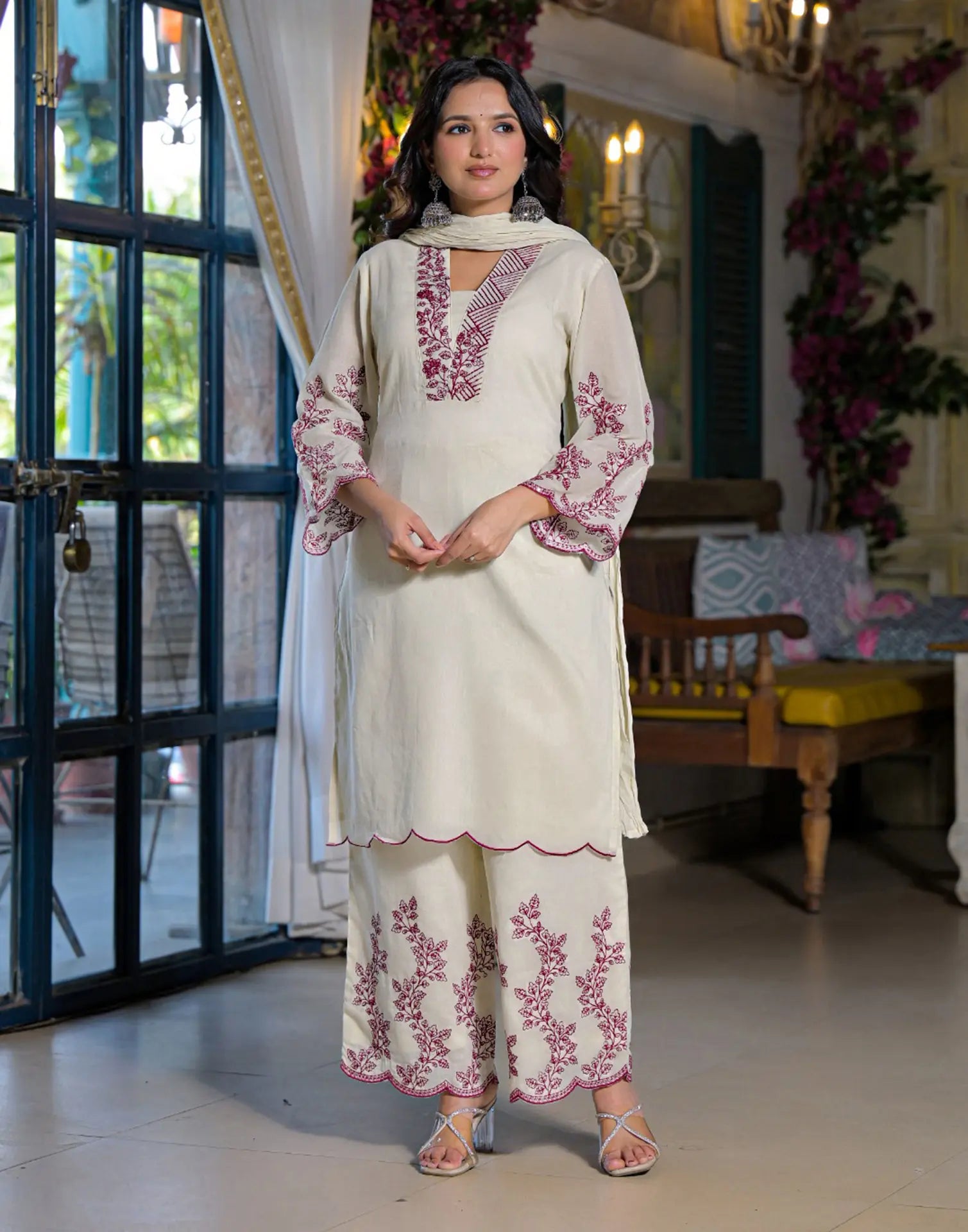 Cream Layered V Neckline Embroidered Palazzo 3 Piece Kurta Set with Dupatta