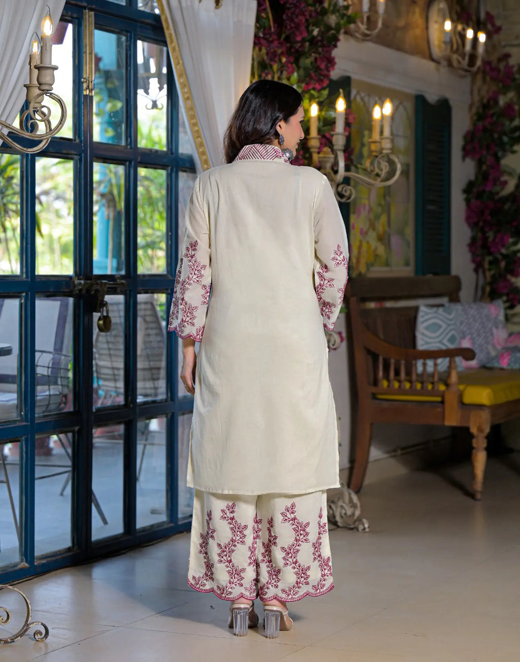 Cream Layered V Neckline Embroidered Palazzo 3 Piece Kurta Set with Dupatta