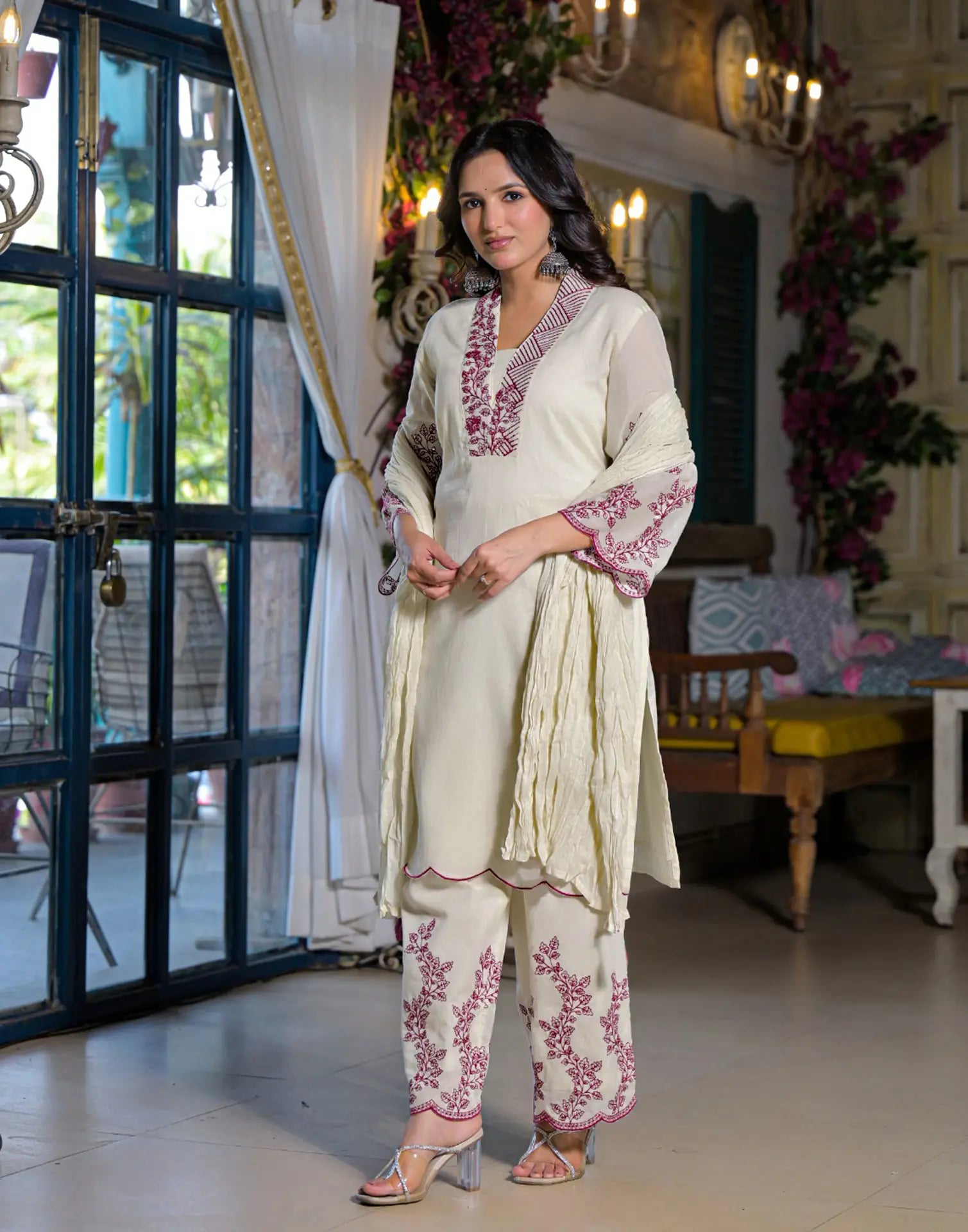 Cream Layered V Neckline Embroidered Palazzo 3 Piece Kurta Set with Dupatta