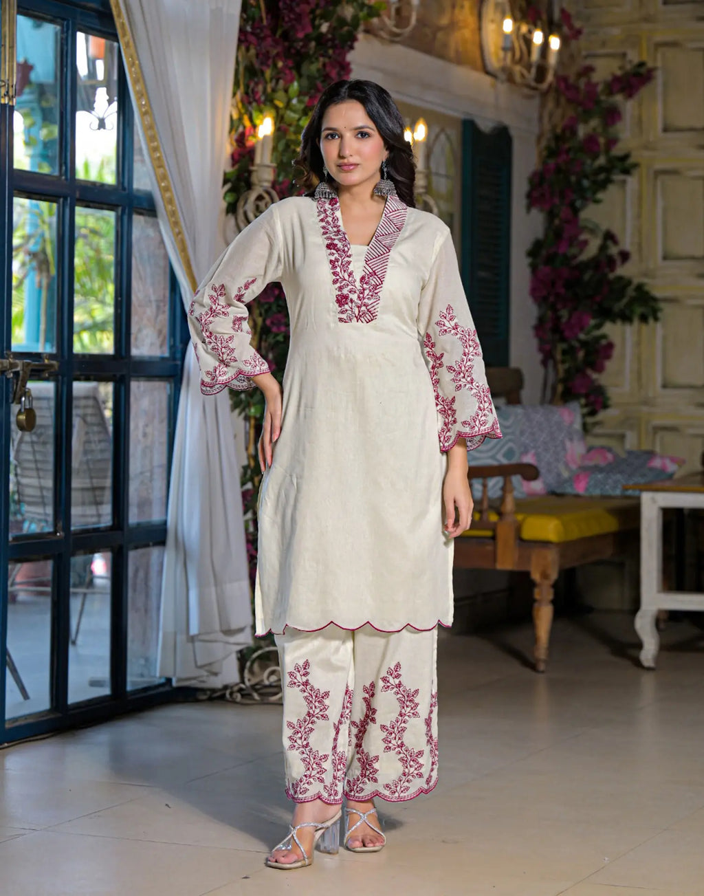 Cream Layered V Neckline Embroidered Palazzo 3 Piece Kurta Set with Dupatta
