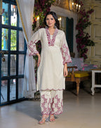 Cream Layered V Neckline Embroidered Palazzo 3 Piece Kurta Set with Dupatta