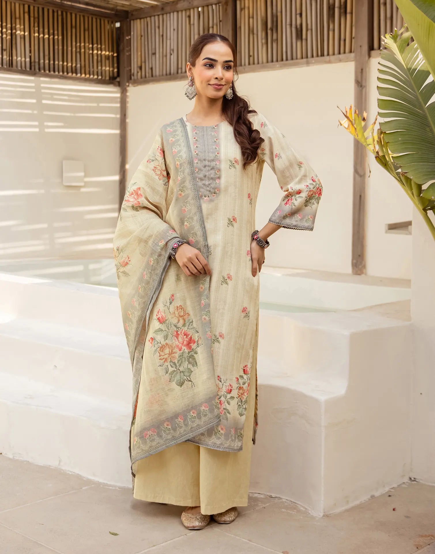 Shroud Beige Round Neck Digital Printed Straight 3 Piece Kurta Set with Dupatta