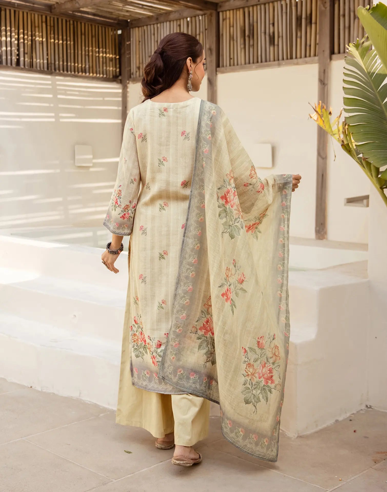 Shroud Beige Round Neck Digital Printed Straight 3 Piece Kurta Set with Dupatta