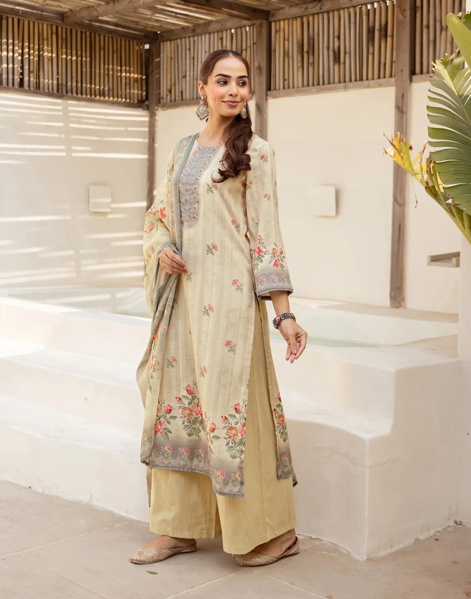 Shroud Beige Round Neck Digital Printed Straight 3 Piece Kurta Set with Dupatta
