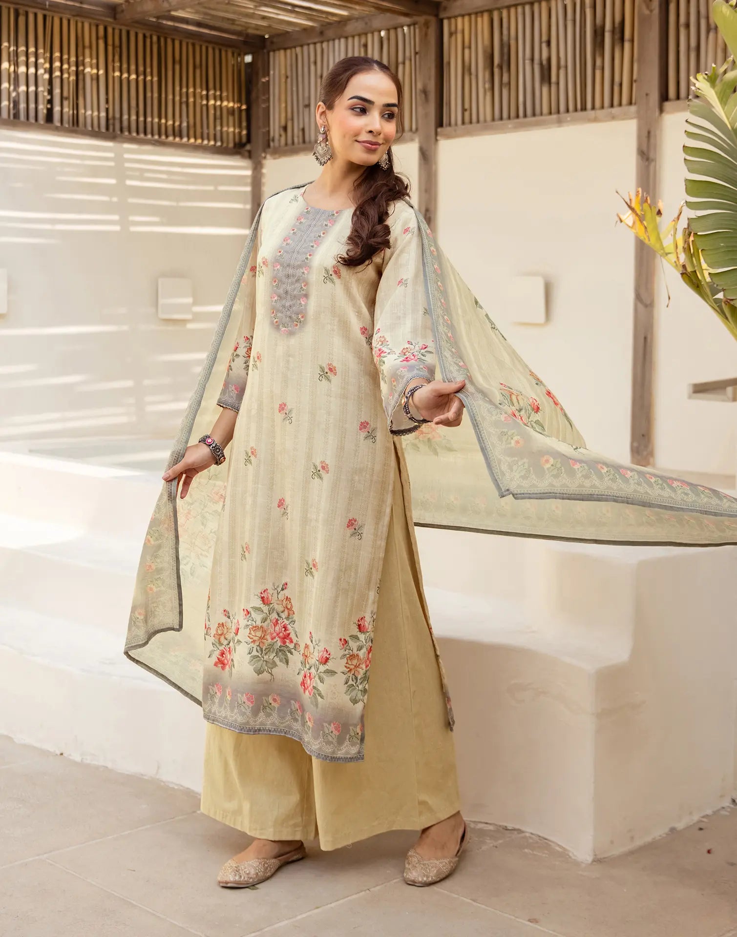 Shroud Beige Round Neck Digital Printed Straight 3 Piece Kurta Set with Dupatta