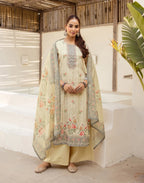 Shroud Beige Round Neck Digital Printed Straight 3 Piece Kurta Set with Dupatta