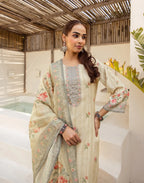 Shroud Beige Round Neck Digital Printed Straight 3 Piece Kurta Set with Dupatta