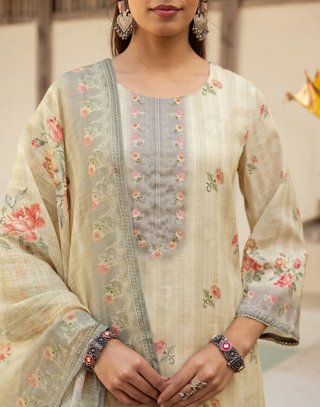 Shroud Beige Round Neck Digital Printed Straight 3 Piece Kurta Set with Dupatta