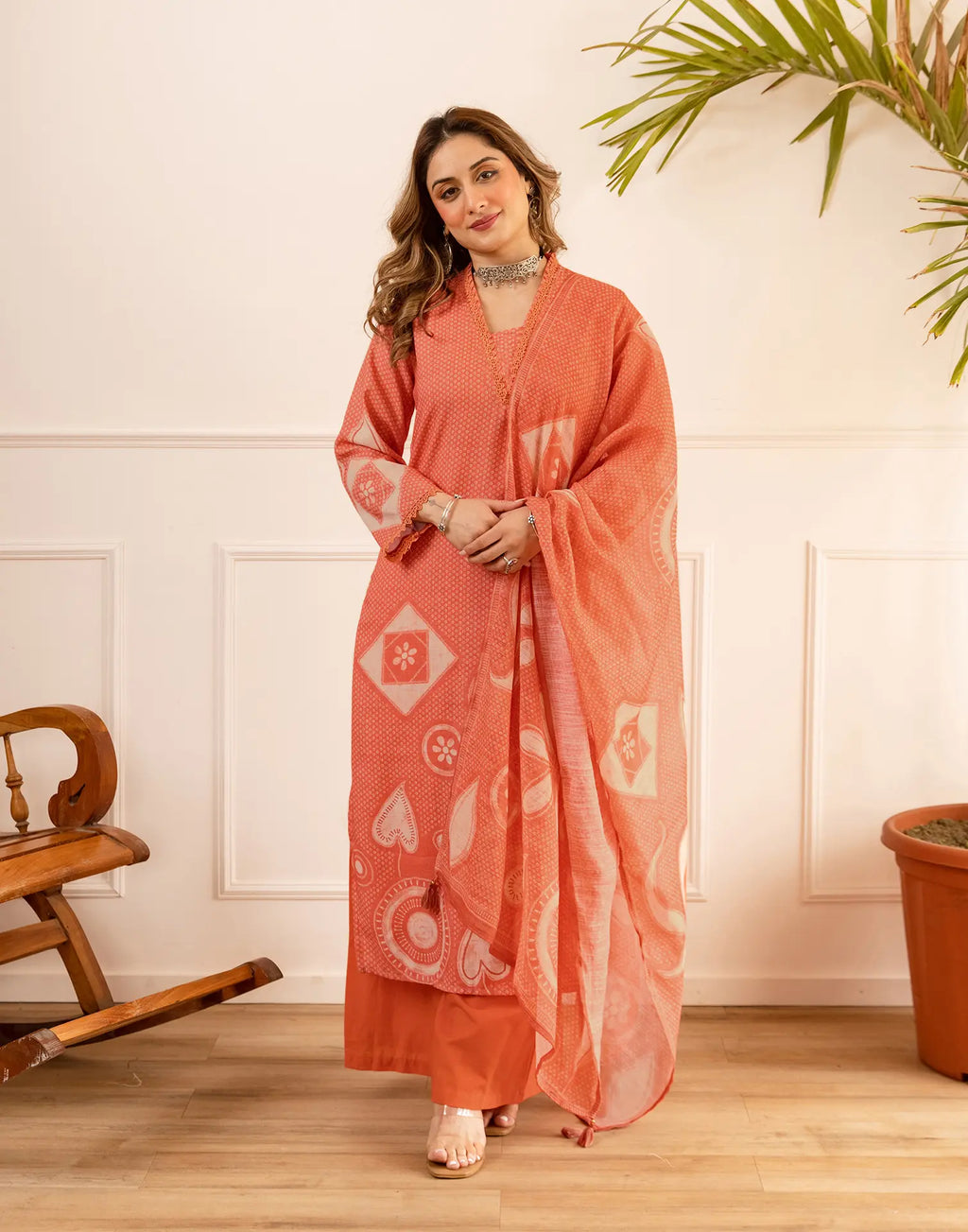Peach Sorbet V-Neck Digital Printed Straight 3 Piece Kurta Set with Dupatta
