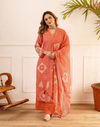 Peach Sorbet V-Neck Digital Printed Straight 3 Piece Kurta Set with Dupatta