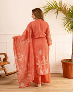 Peach Sorbet V-Neck Digital Printed Straight 3 Piece Kurta Set with Dupatta