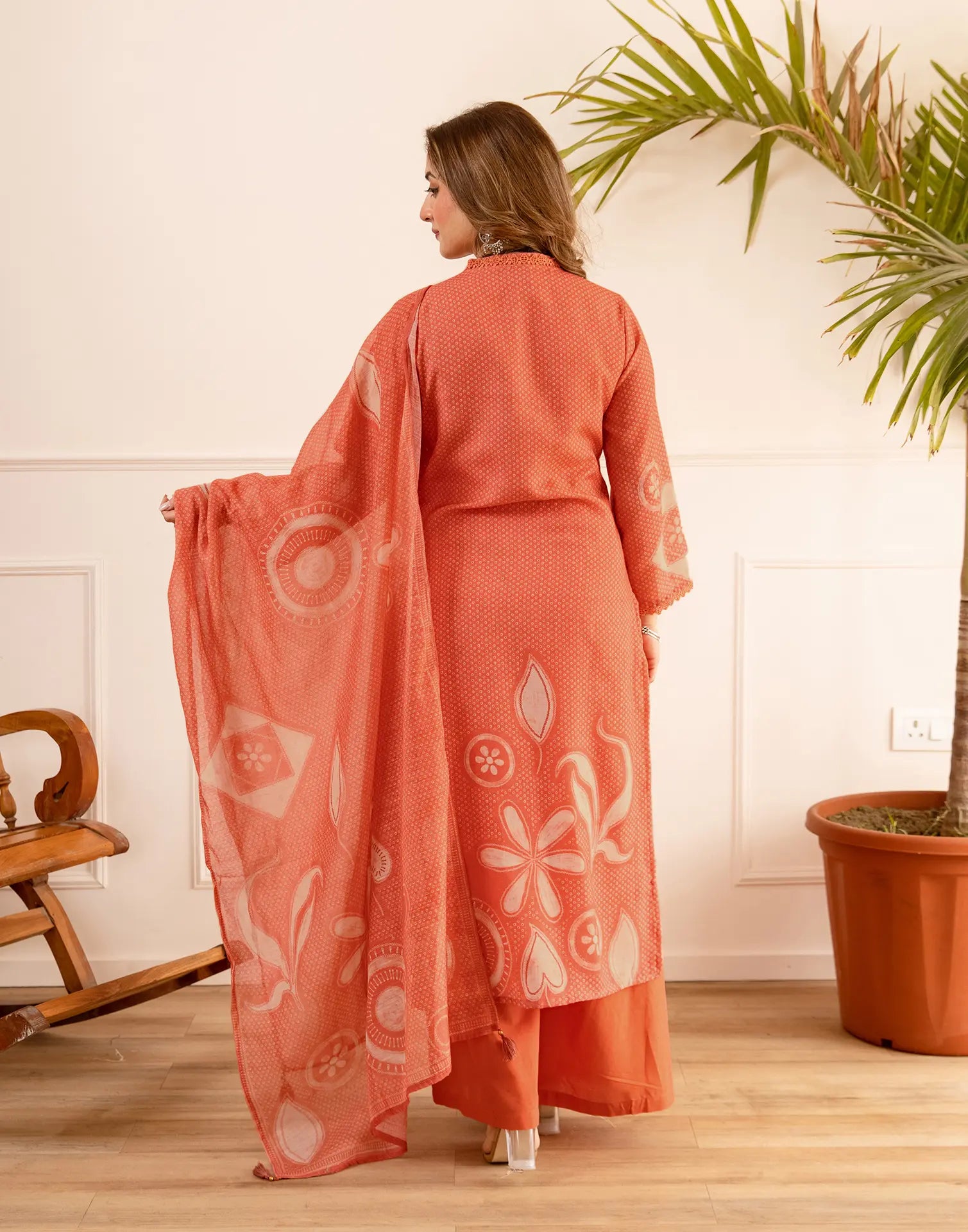 Peach Sorbet V-Neck Digital Printed Straight 3 Piece Kurta Set with Dupatta