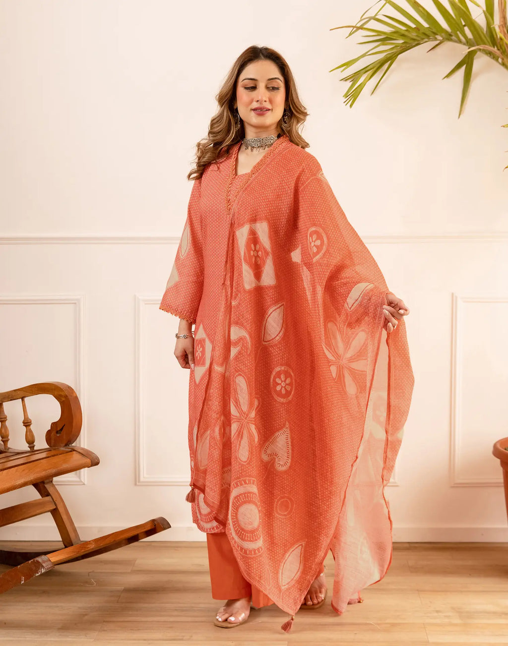 Peach Sorbet V-Neck Digital Printed Straight 3 Piece Kurta Set with Dupatta