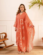 Peach Sorbet V-Neck Digital Printed Straight 3 Piece Kurta Set with Dupatta