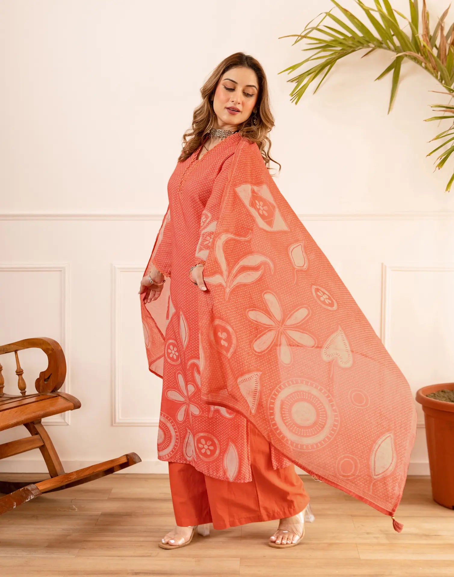 Peach Sorbet V-Neck Digital Printed Straight 3 Piece Kurta Set with Dupatta