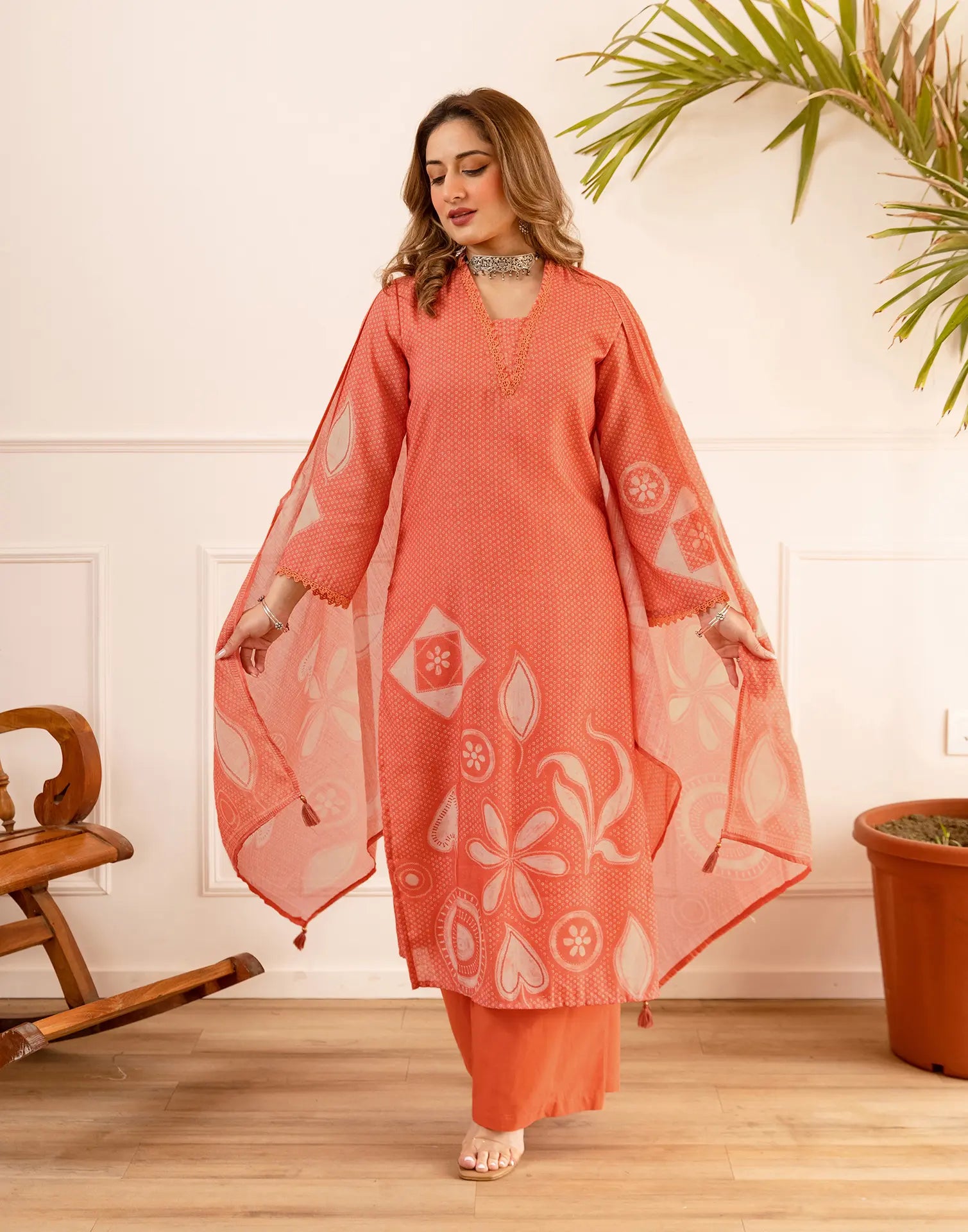 Peach Sorbet V-Neck Digital Printed Straight 3 Piece Kurta Set with Dupatta