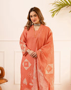 Peach Sorbet V-Neck Digital Printed Straight 3 Piece Kurta Set with Dupatta