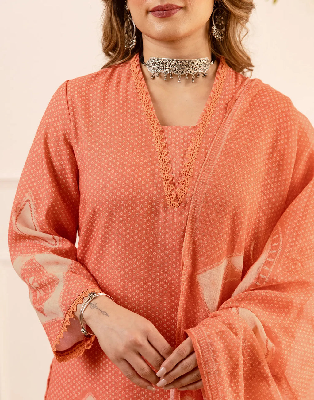 Peach Sorbet V-Neck Digital Printed Straight 3 Piece Kurta Set with Dupatta