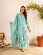 Powder Blue Notched V-Neck Digital Printed Straight 3 Piece Kurta Set with Dupatta