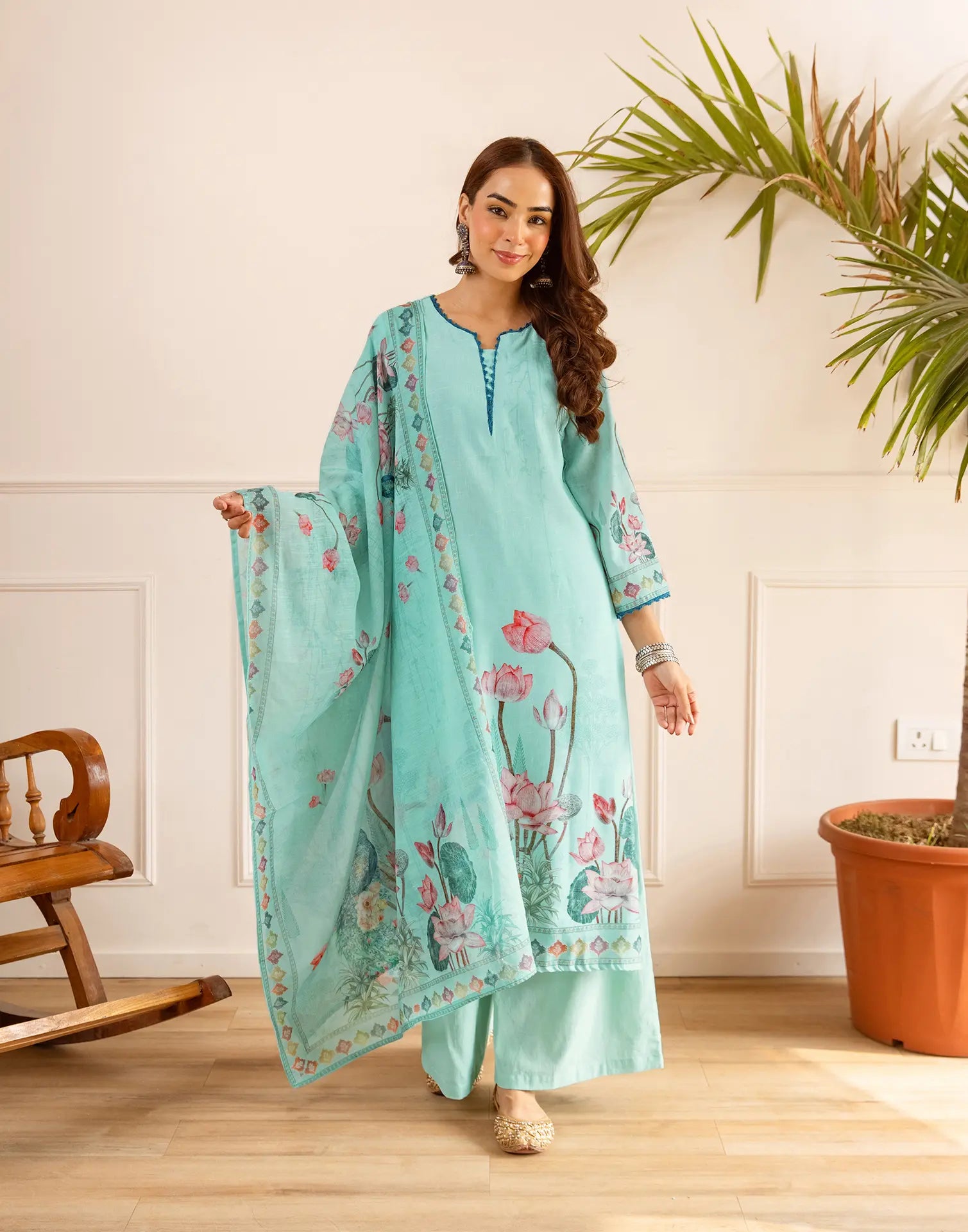 Powder Blue Notched V-Neck Digital Printed Straight 3 Piece Kurta Set with Dupatta