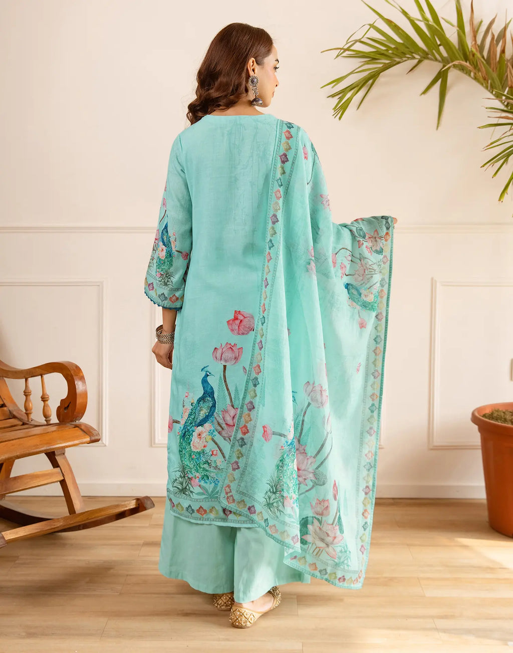 Powder Blue Notched V-Neck Digital Printed Straight 3 Piece Kurta Set with Dupatta