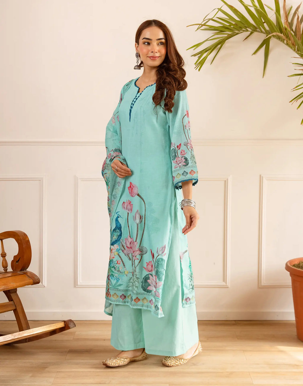 Powder Blue Notched V-Neck Digital Printed Straight 3 Piece Kurta Set with Dupatta