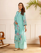 Powder Blue Notched V-Neck Digital Printed Straight 3 Piece Kurta Set with Dupatta